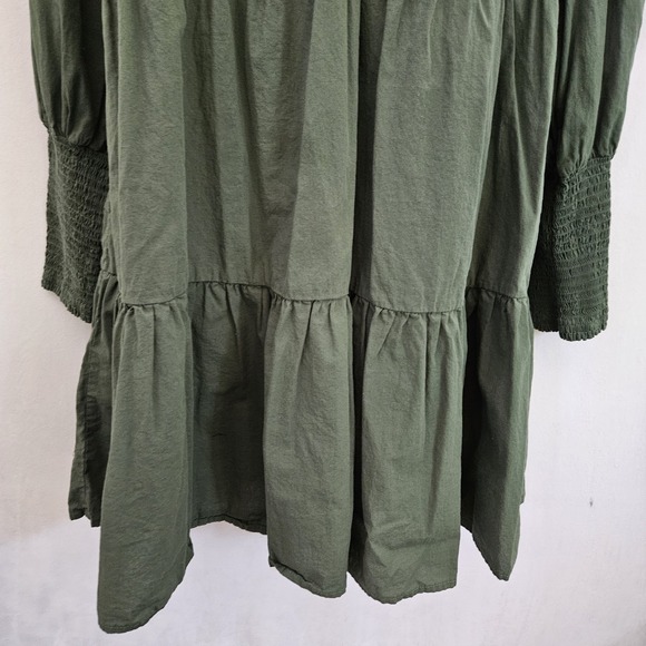 Pomander Place Dress sz M Ceci Smocked Long Sleeve Green Tiered Cotton Mini Boho - Picture 10 of 16